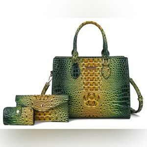 Elegant Green and Yellow Crocodile Pattern Handbag Set NWT